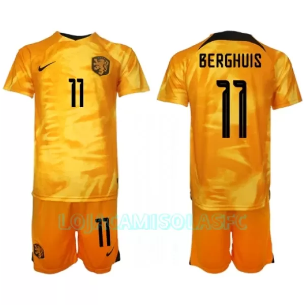 Camisola Holanda Steven Berghuis 11 Criança Equipamento 1ª Mundial 2022